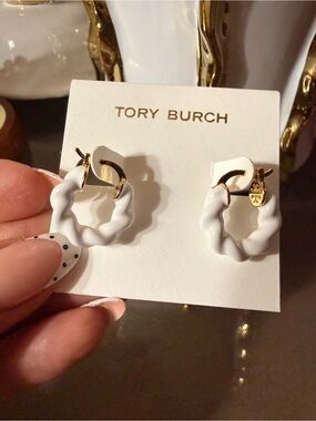 Tory Burch White Twisted Resin Hoop Earrings with Gold Accents